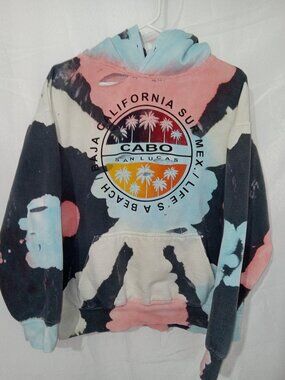 Fashion Nova Mens M Distressed Hoodie Cabo San Lucas Tie Dye Thrashed Grunge